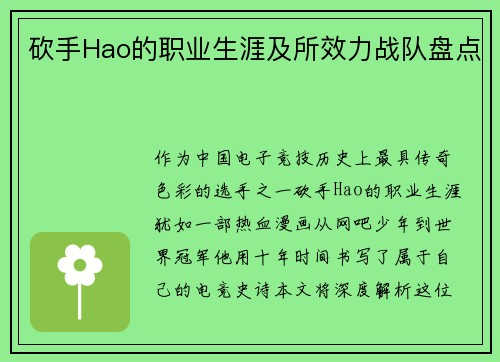 砍手Hao的职业生涯及所效力战队盘点